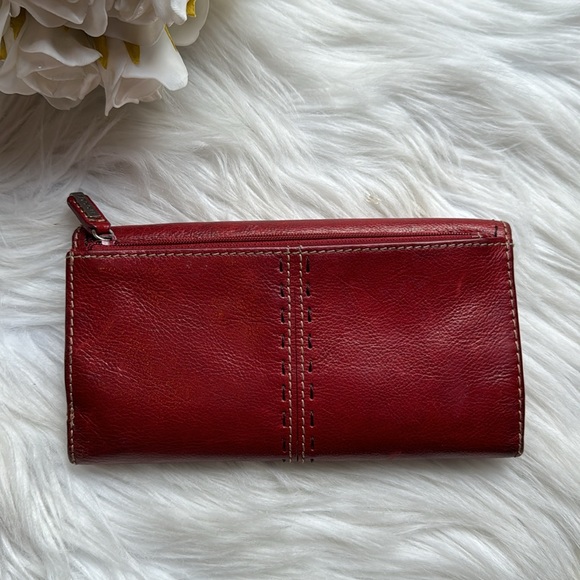 FOSSIL Soft Leather Trifold Billfold Wallet Deep Red Crimson with Stitching - Picture 3 of 12